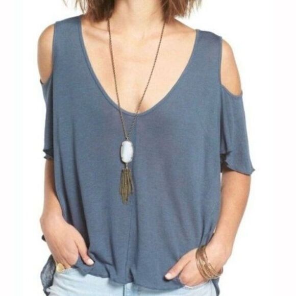 Free People Bittersweet Cold Shoulder Dark Blue crop top ruffles blouse size XS - Picture 1 of 6